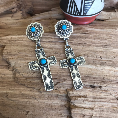 Flora Cross Sleeping Beauty Turquoise Repousse earrings~ Sterling Silver~ Artisan Handmade