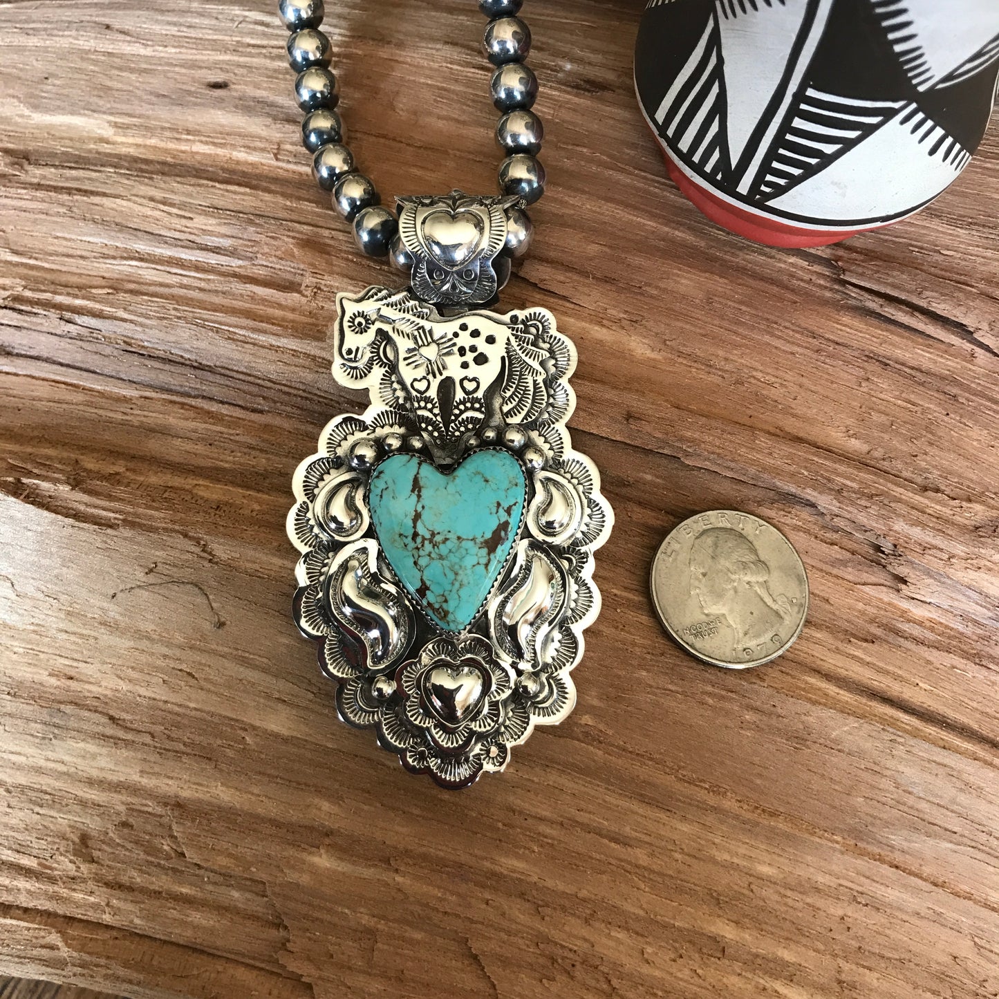 SPIRIT PONY Repousse pendant with #8 Turquoise~ Sterling Silver~ Large pendant~ Artisan Handmade