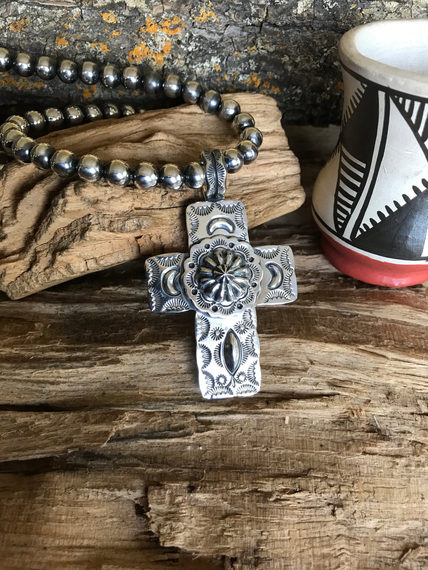 Cross Pendant~Sterling Silver~ Repousse Concho~ Artisan Handmade