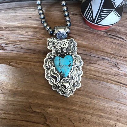 SPIRIT PONY Repousse pendant with #8 Turquoise~ Sterling Silver~ Large pendant~ Artisan Handmade