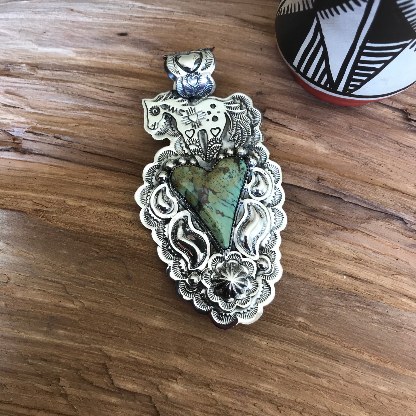 SPIRIT PONY Repousse pendant with Green Turquoise~ Sterling Silver~ Large pendant~ Artisan Handmade