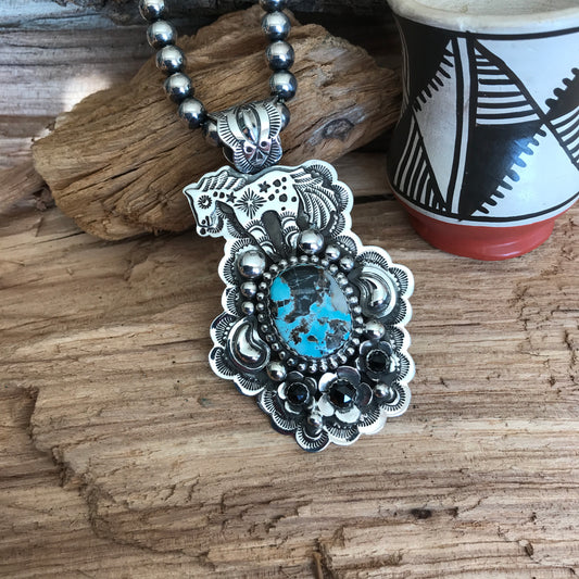 SPIRIT PONY pendant with Blue Moon Turquoise~ Sterling Silver~ large pendant~ Artisan Handmade