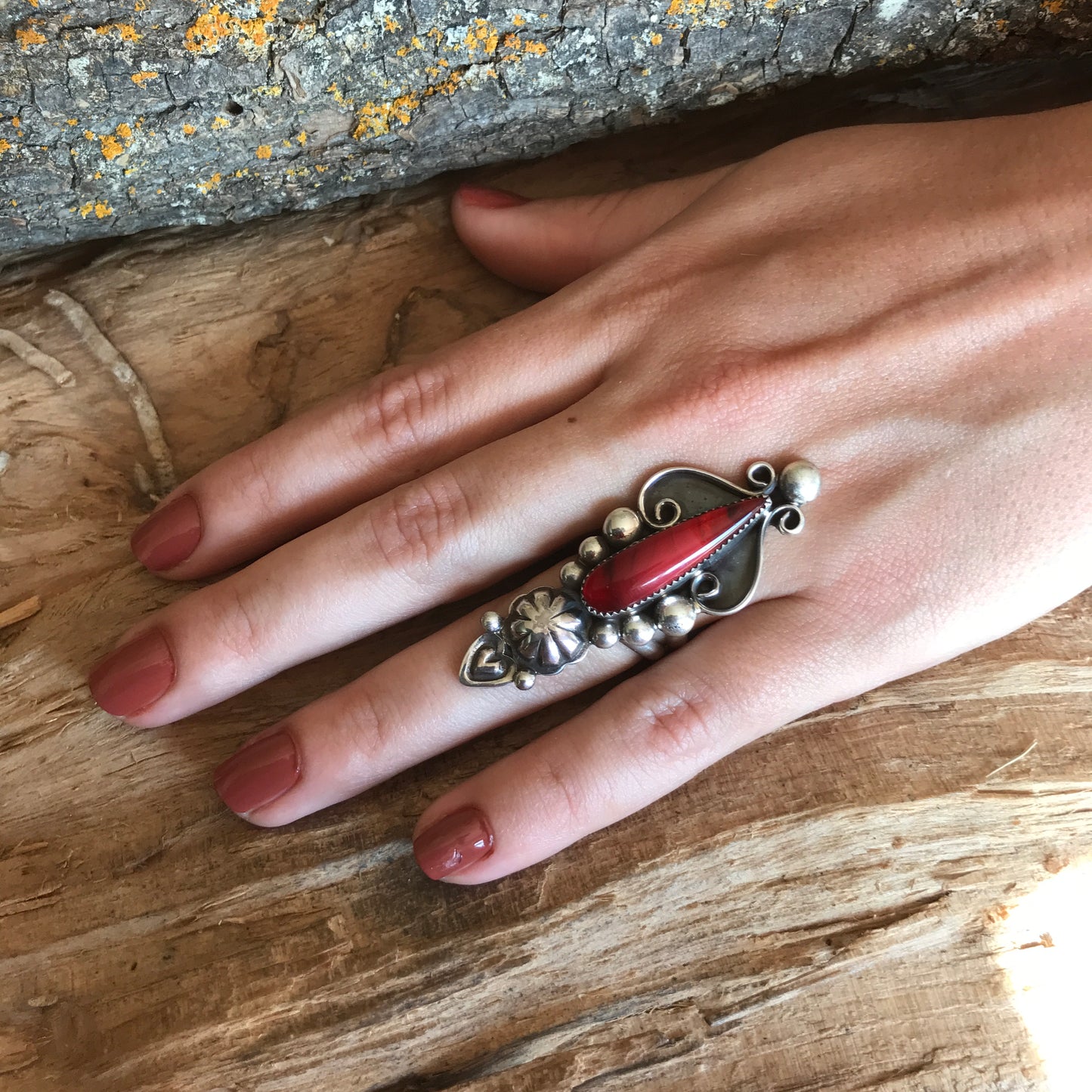 Rosarita Statement Ring with a  Carnelian Wildflower~ Sterling Silver~ Artisan Handmade~ Size 6