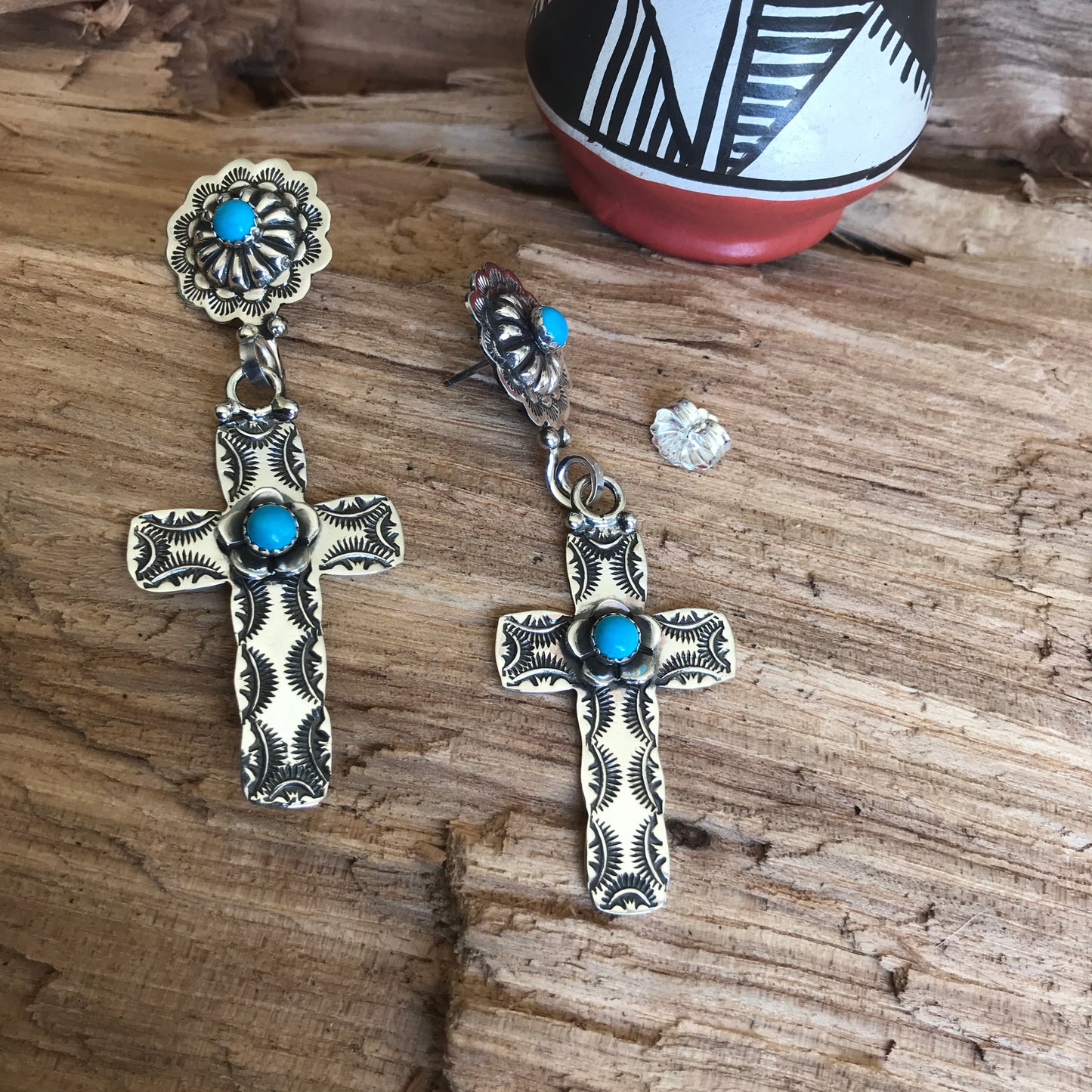 Flora Cross Sleeping Beauty Turquoise Repousse earrings~ Sterling Silver~ Artisan Handmade