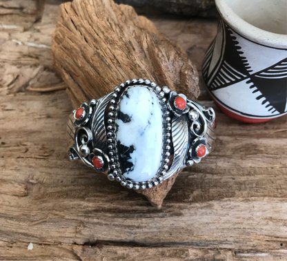 White Buffalo Cuff Bracelet with Red Coral Wildflowers~ Sterling Silver~ Artisan Handmade