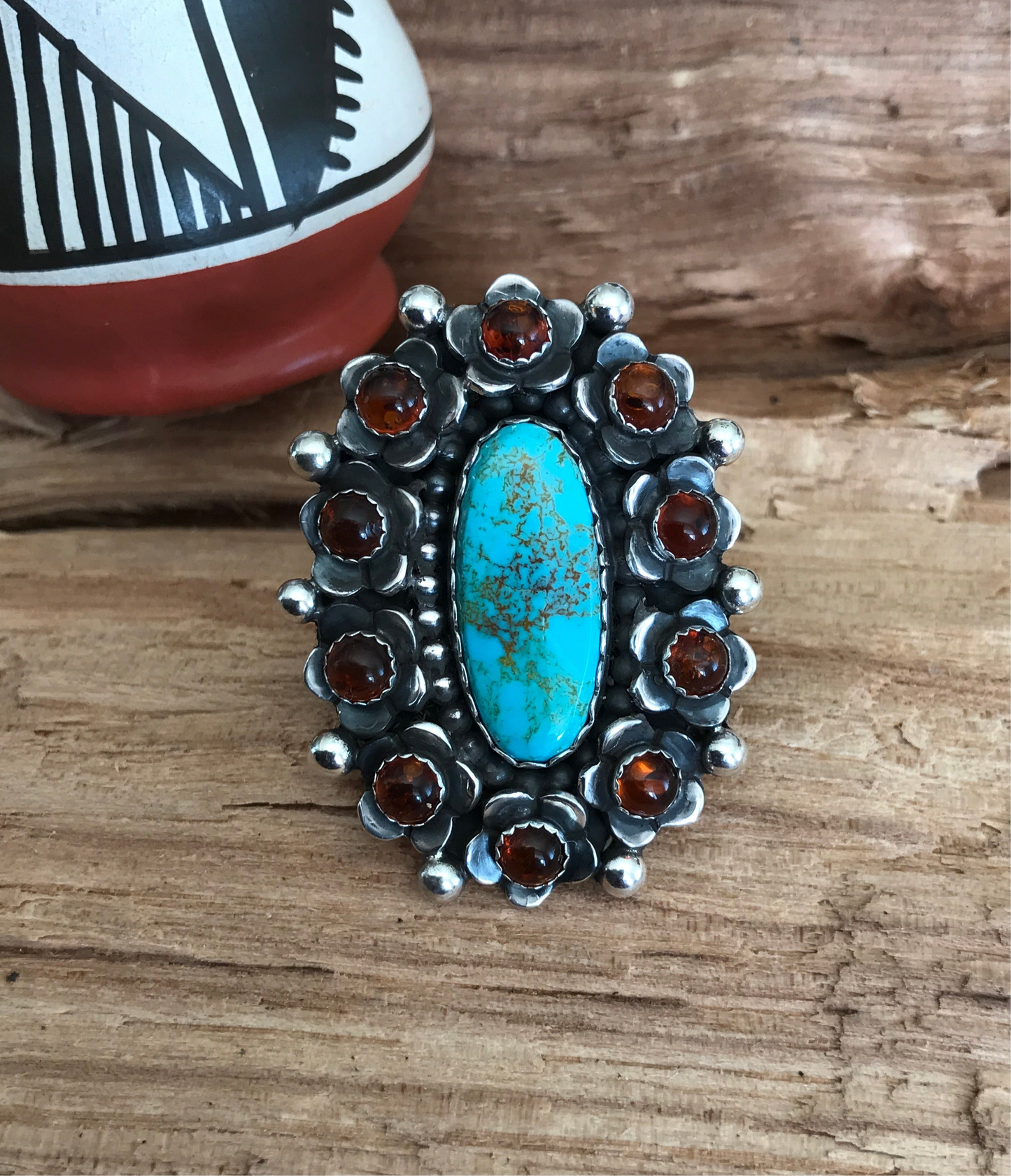 FLORA de SANTA FE Ring~Sterling Silver~ Kings Manassa Turquoise and Amber~ Artisan Handmade~ Size 6