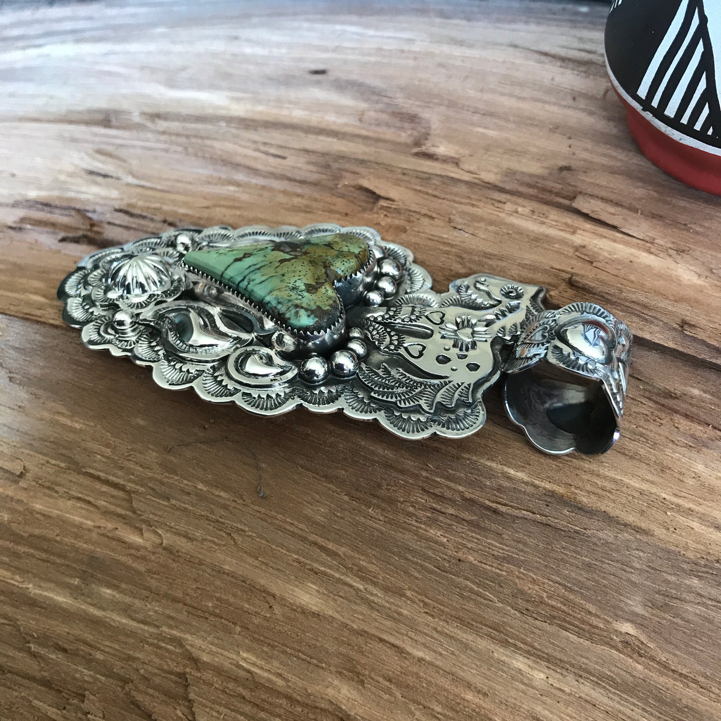 SPIRIT PONY Repousse pendant with Green Turquoise~ Sterling Silver~ Large pendant~ Artisan Handmade