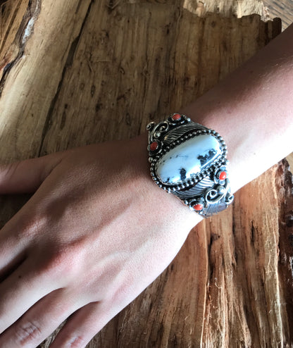 White Buffalo Cuff Bracelet with Red Coral Wildflowers~ Sterling Silver~ Artisan Handmade