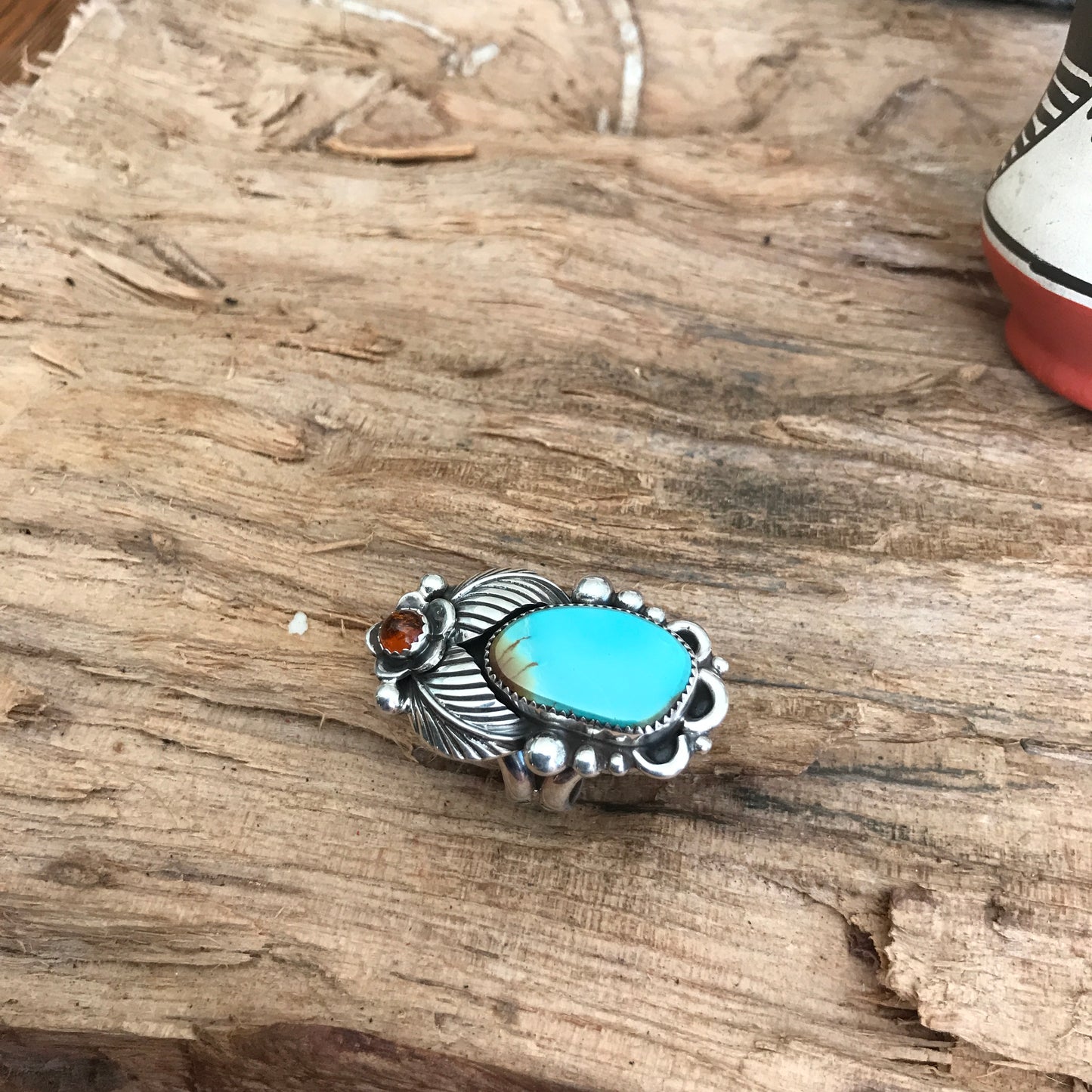 Kings Manassa Turquoise Ring with an Amber Wildflower~ Sterling Silver~ Artisan Handmade~ Size 7