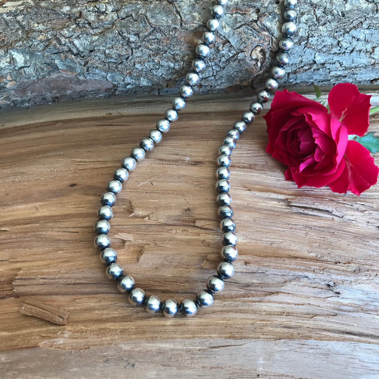 Navajo Pearls 21 inch~ Sterling Silver~ 8 mm beads~ Soldered Handmade Catches~ Strung on Squashblossom heavy braided Foxtail