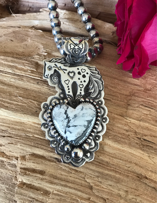 SPIRIT PONY pendant with a White Buffalo Heart~ Sterling Silver~ Artisan Handmade