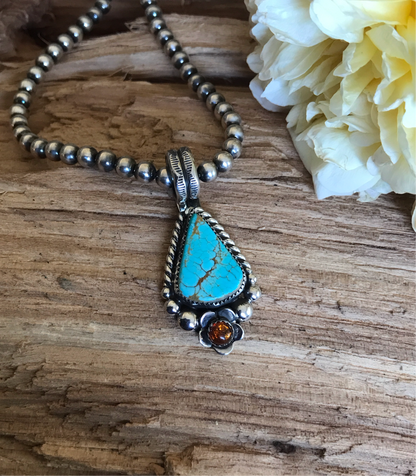 Kings Manassa Turquoise Pendant with an Amber Wildflower~ Sterling Silver~ Artisan Handmade