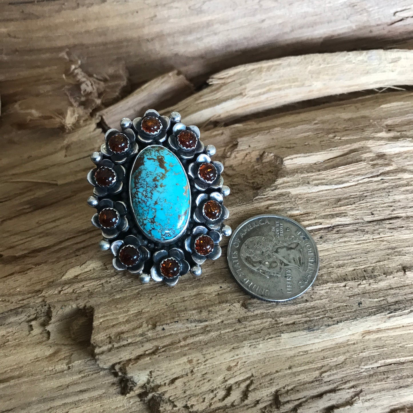 FLORA de SANTA FE ~ROYSTON Turquoise ring with Amber Wildflowers ~ Sterling Silver~size 9 ~ 1202