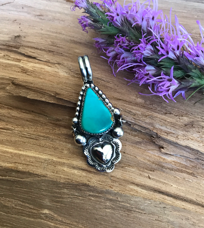 Kings Manassa Turquoise Pendant with a Heart Repousse~ Sterling Silver~ Artisan Handmade