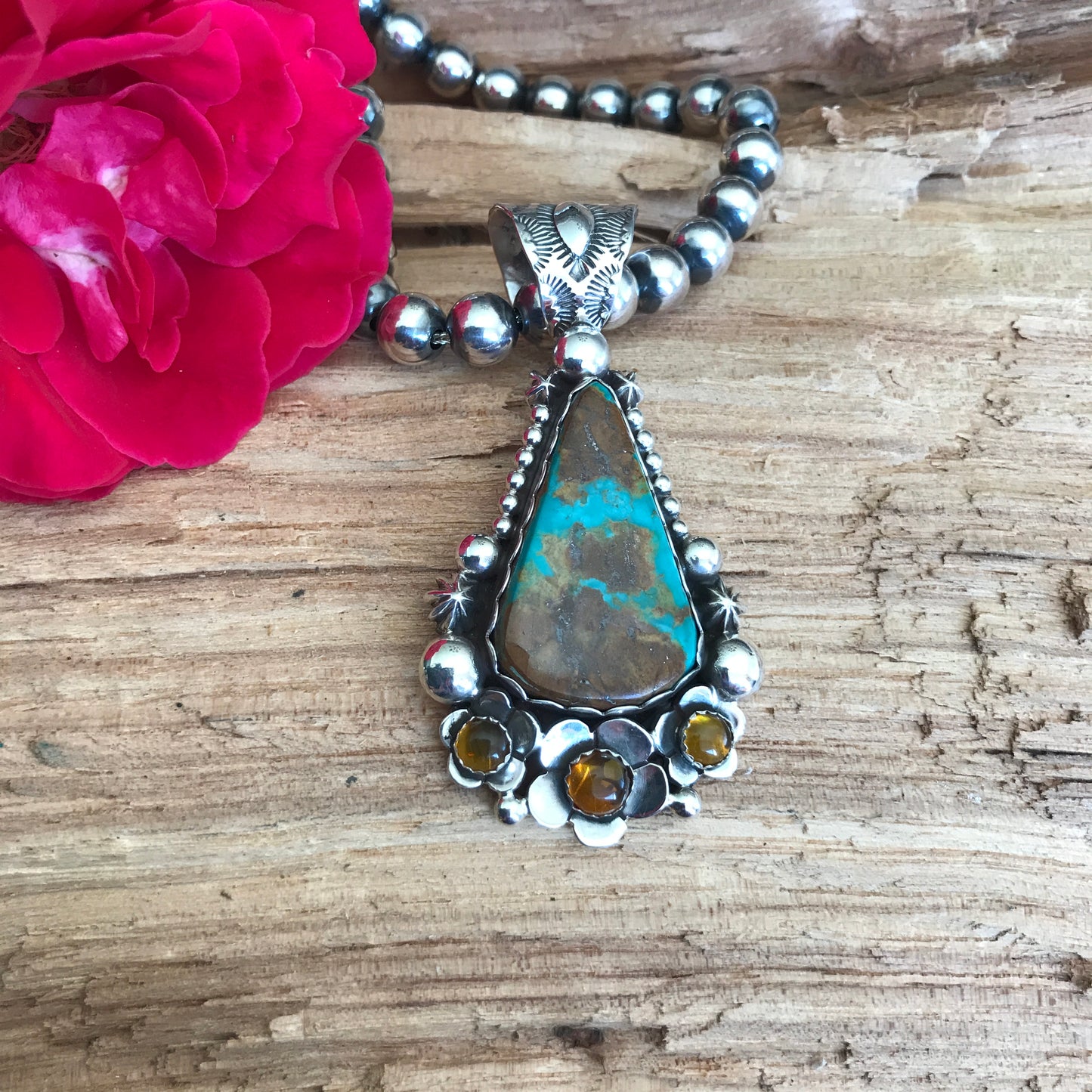 Royston Turquoise Pendant with Amber Wildflowers~ Sterling Silver~ Artisan Handmade