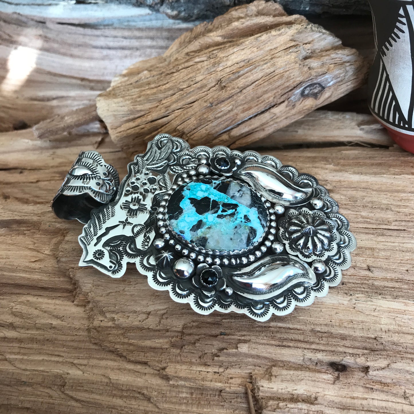 SPIRIT PONY Repousse pendant with Blue Moon Turquoise~ Sterling Silver~ Huge pendant~ Artisan Handmade