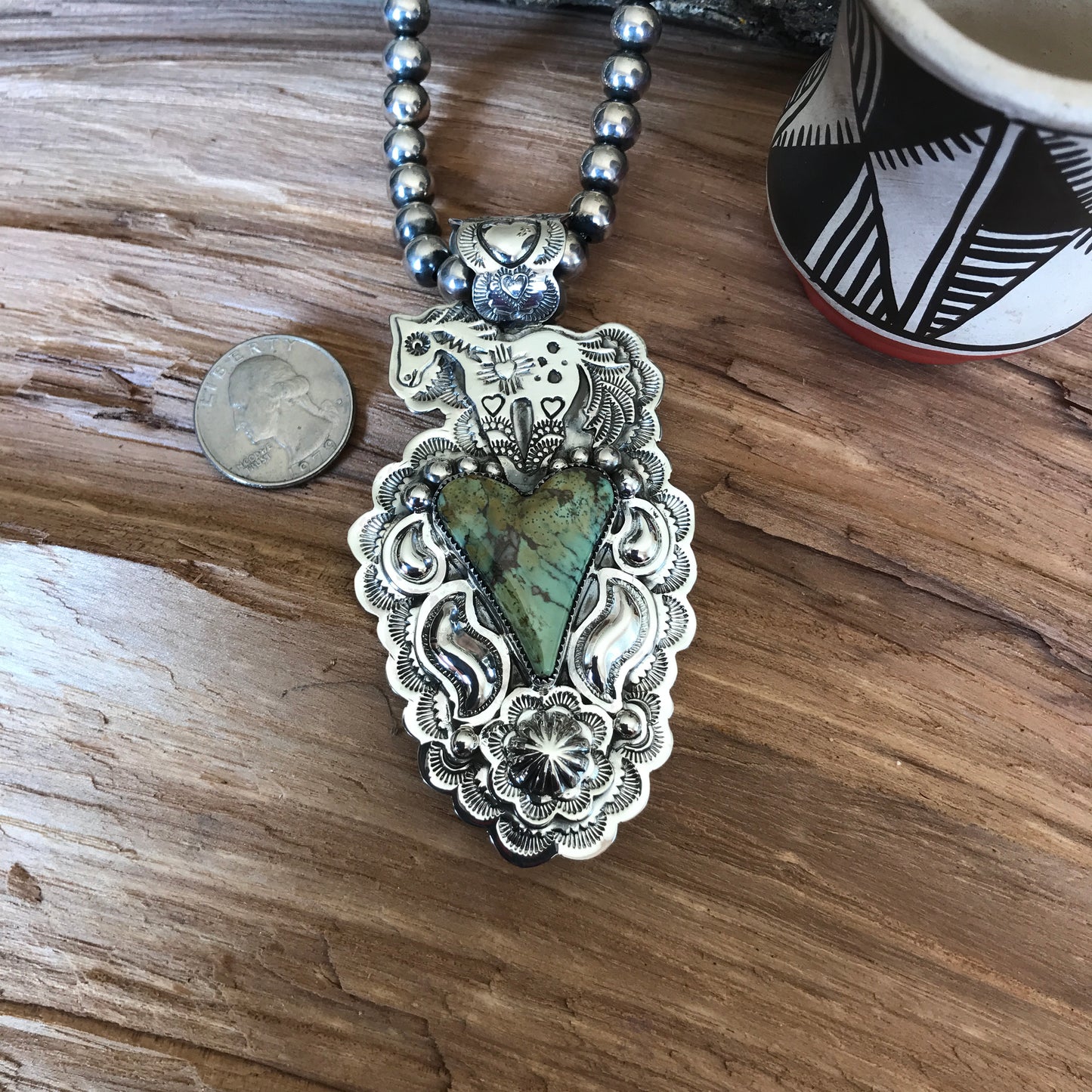 SPIRIT PONY Repousse pendant with Green Turquoise~ Sterling Silver~ Large pendant~ Artisan Handmade