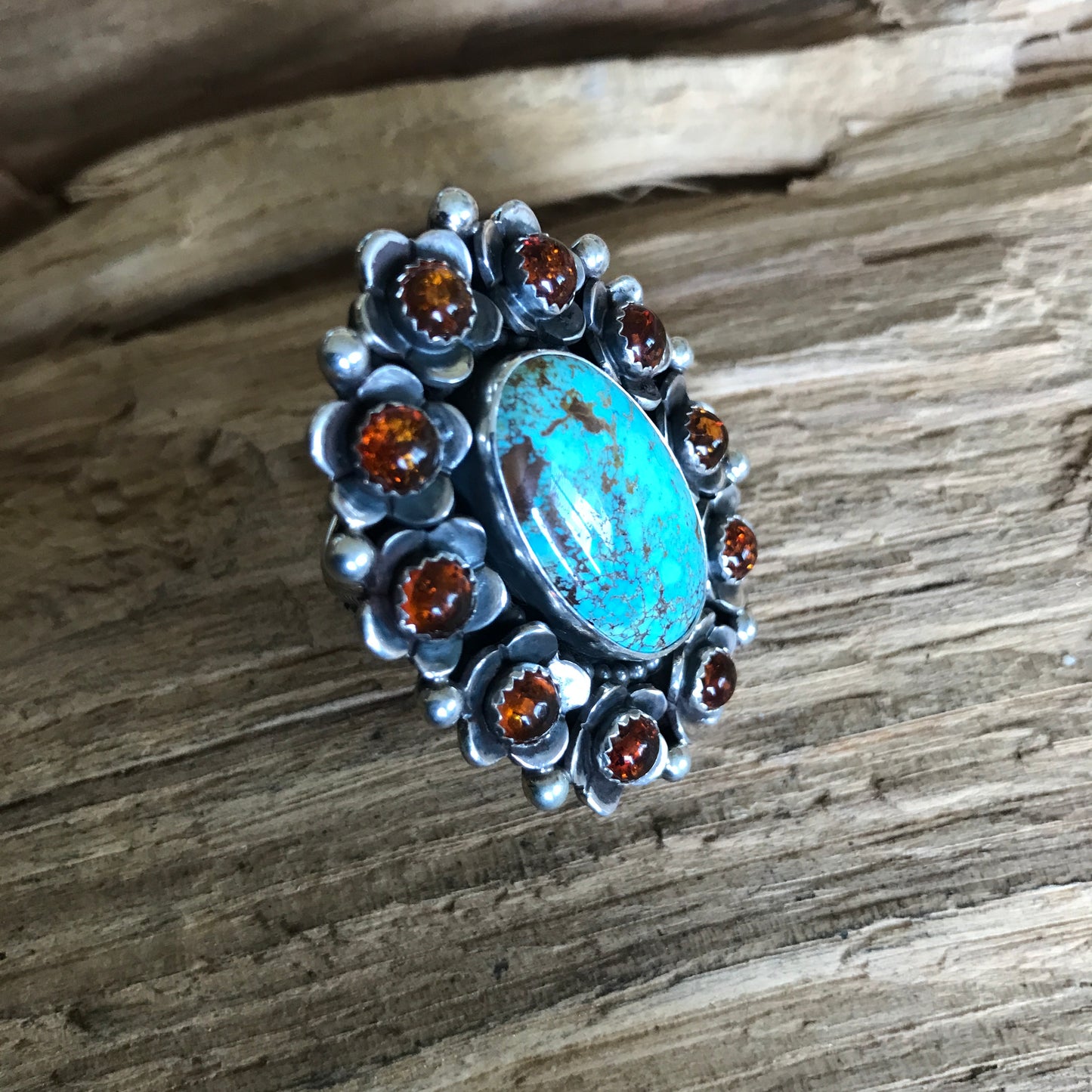 FLORA de SANTA FE ~ROYSTON Turquoise ring with Amber Wildflowers ~ Sterling Silver~size 9 ~ 1202