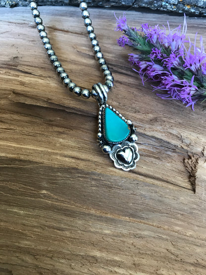 Kings Manassa Turquoise Pendant with a Heart Repousse~ Sterling Silver~ Artisan Handmade