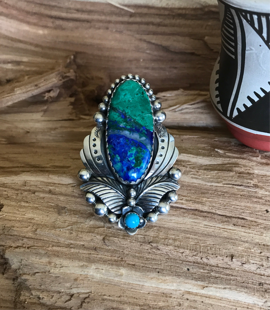 Bluebird Azurite with a Sleeping Beauty Wildflower Ring~Sterling Silver~ Artisan Handmade~ Size 10