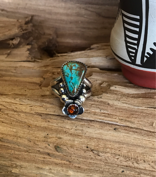 Kings Manassa Turquoise Ring with an Amber Wildflower~ Sterling Silver~ Artisan Handmade~ Size 8 1/2