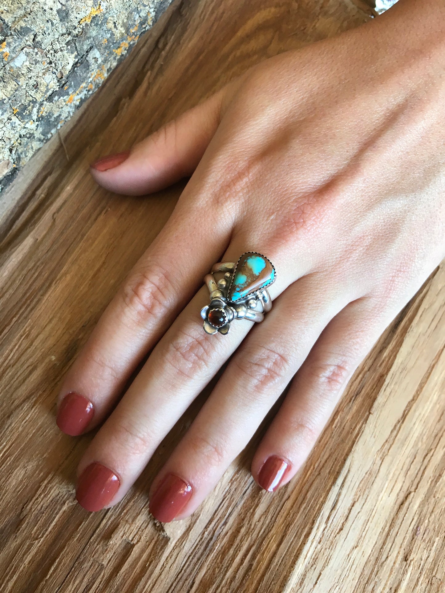 Kings Manassa Turquoise Ring with an Amber Wildflower~ Sterling Silver~ Artisan Handmade~ Size 8