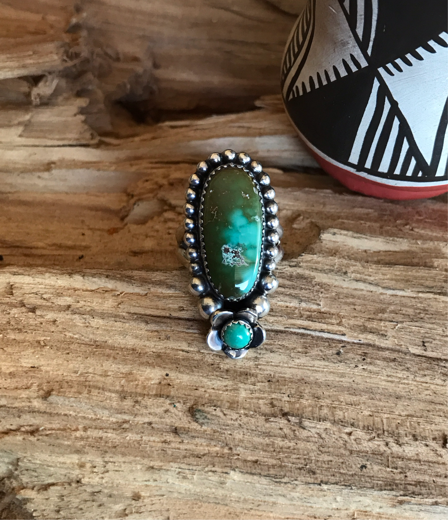 Polychrome Royston Turquoise Ring with a Turquoise Wildflower~ Sterling Silver~ Artisan Handmade~ Size 7