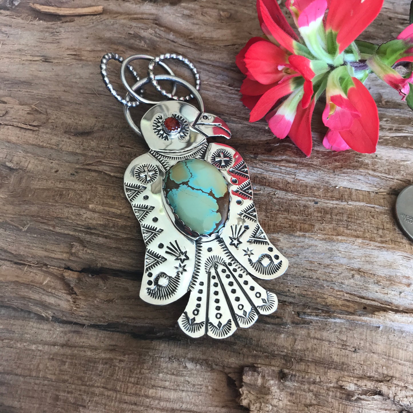 Iron Maiden Turquoise Thunderbird pendant~ Sterling Silver~ large pendant~ Artisan Handmade