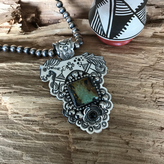 Black Jack Turquoise SPIRIT PONY Pendant~ Sterling Silver~ Artisan Handmade