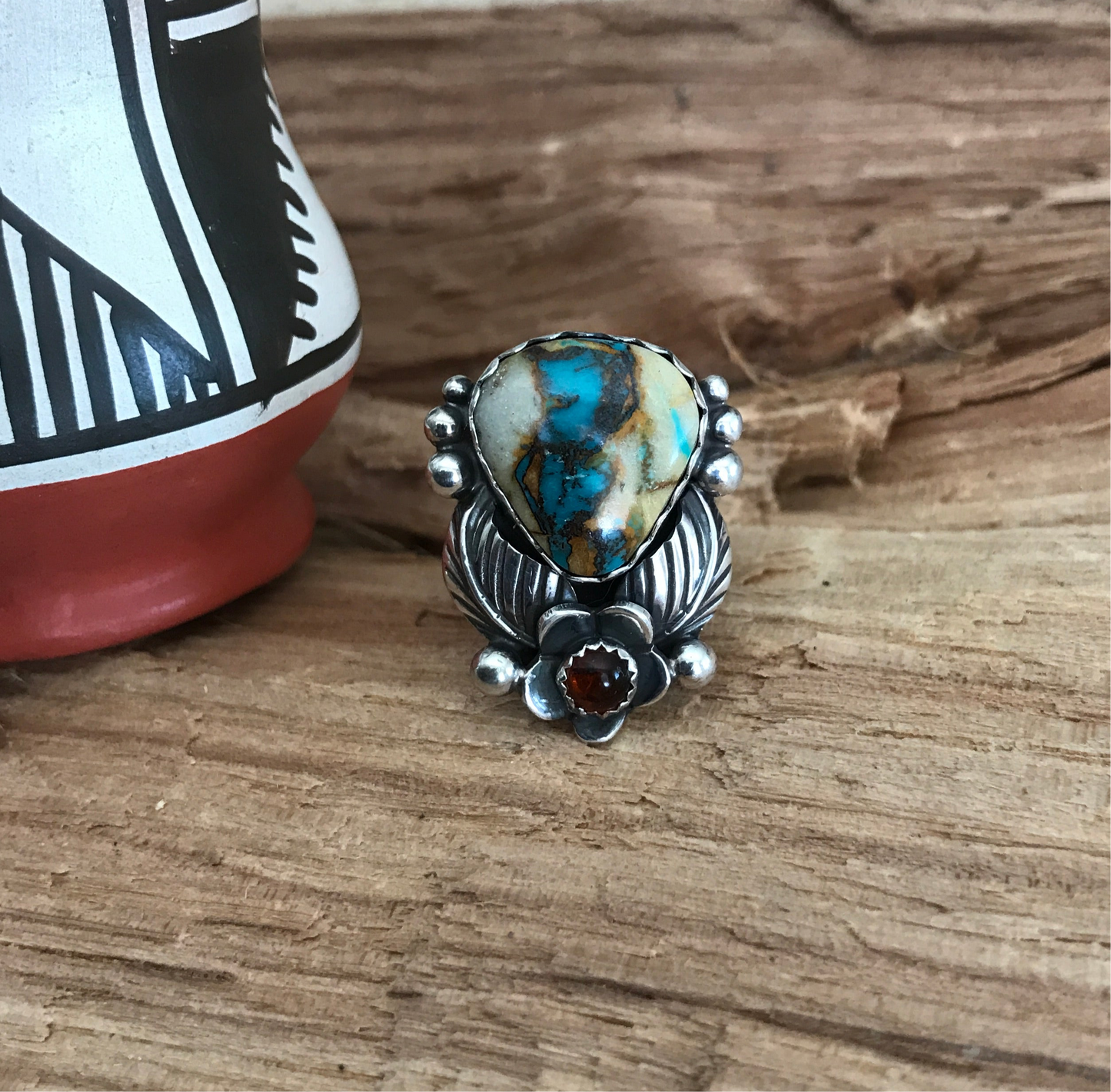 Royston Ribbon Turquoise Ring with an Amber Wildflower~ Sterling Silver~ Artisan Handmade~ Size 5 1/2