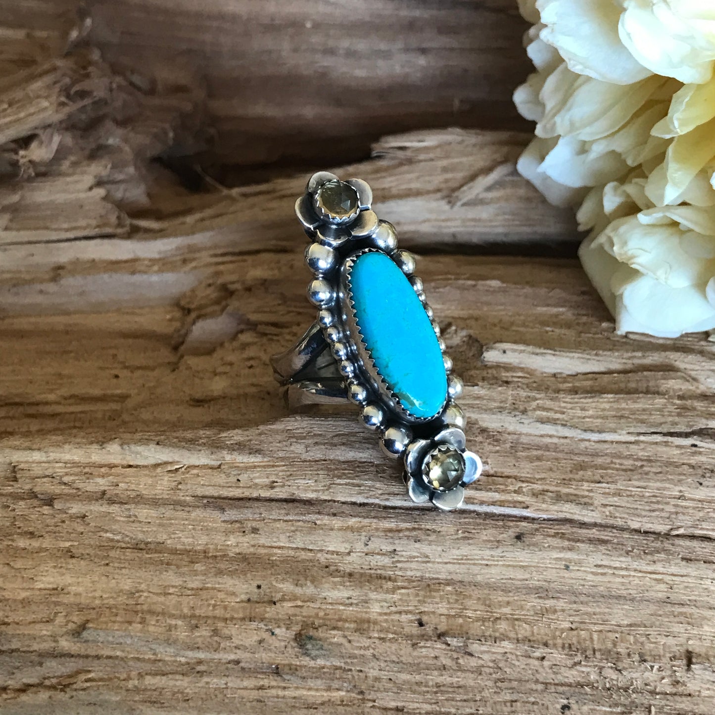 Kings Manassa Turquoise Ring with Citrine Wildflowers~ Sterling Silver~ Artisan Handmade~ Size 7 3/4