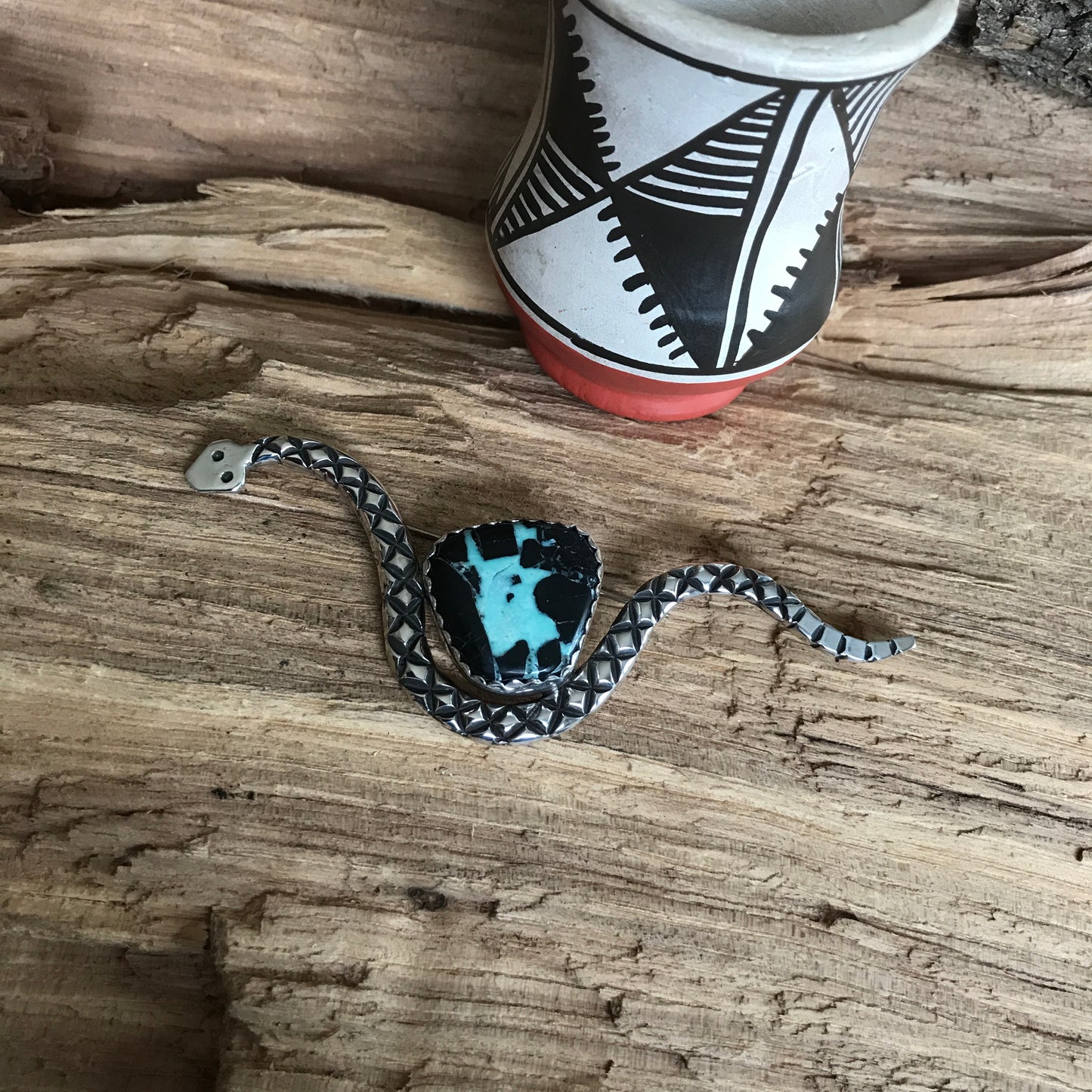 DESERT TRAVELER~ Black Buffalo Turquoise Rattlesnake Pin~ Sterling Silver~ Artisan Handmade