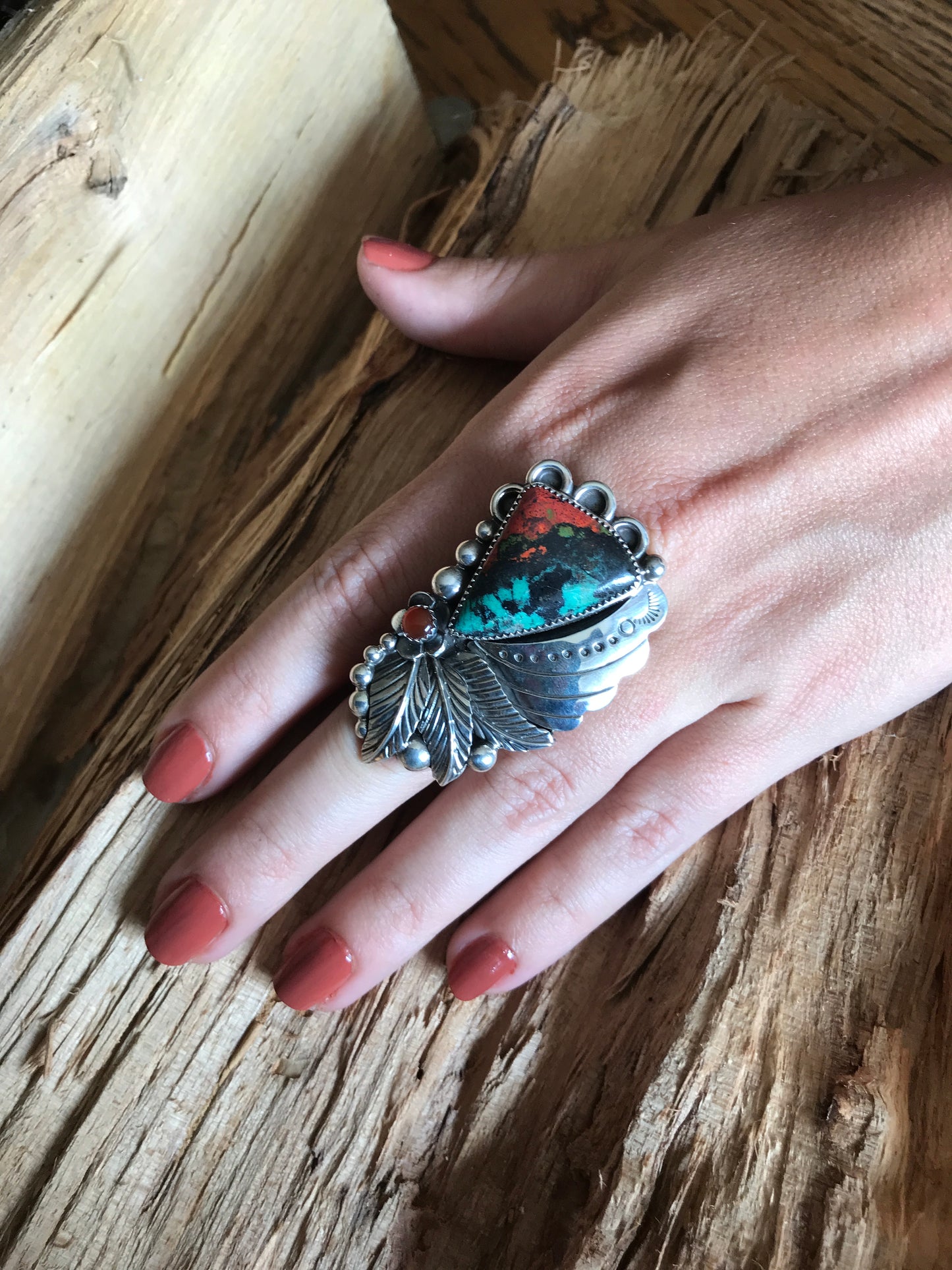 Sonoran Sunset Statement Ring with a Carnelian Wildflower~  Sterling Silver~ Artisan Handmade~ Size 10