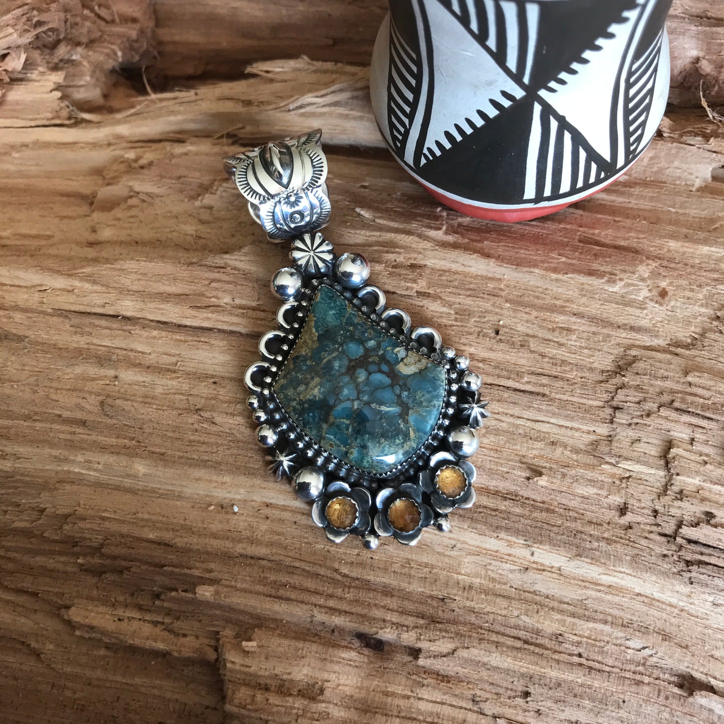 7 Dwarfs Turquoise Pendant with Citrine Wildflowers ~ Sterling Silver~ Artisan Handmade