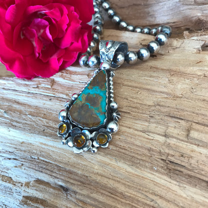 Royston Turquoise Pendant with Amber Wildflowers~ Sterling Silver~ Artisan Handmade