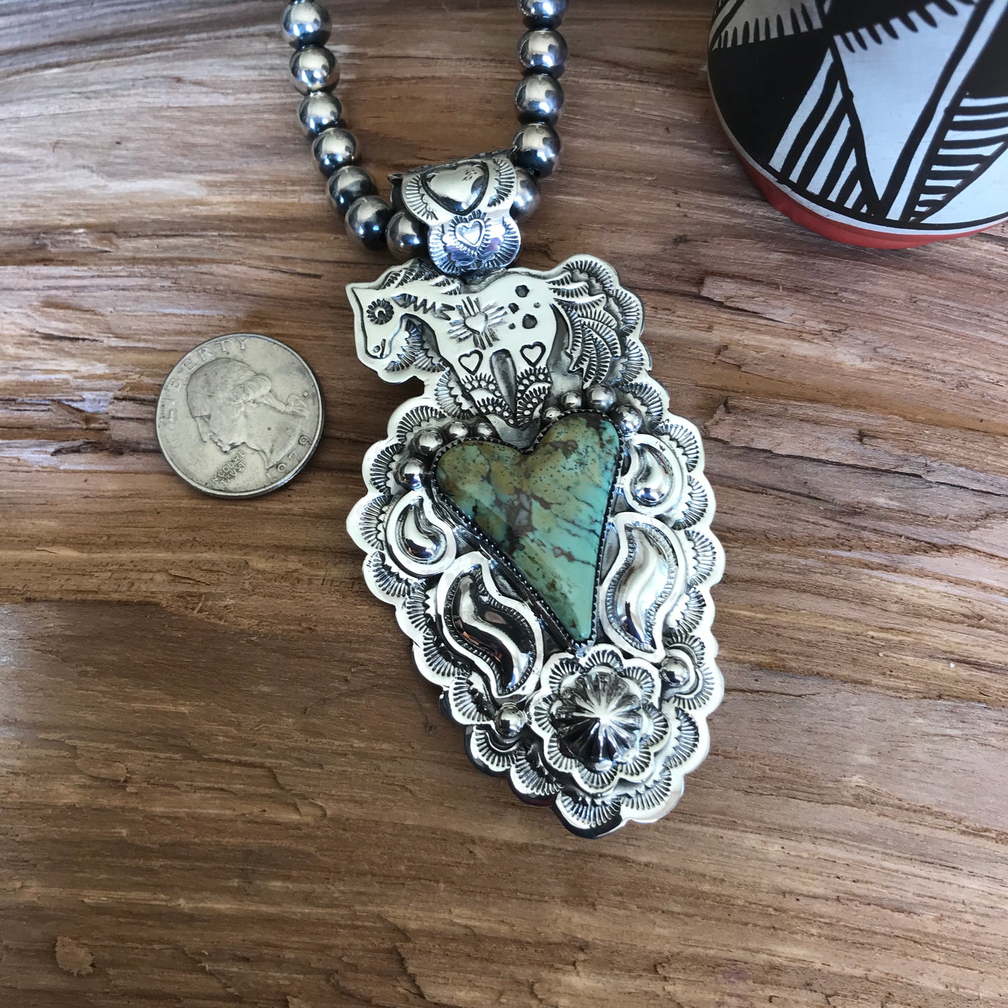 SPIRIT PONY Repousse pendant with Green Turquoise~ Sterling Silver~ Large pendant~ Artisan Handmade