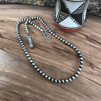 Navajo Pearls  17 inch~ Sterling Silver~ 5 mm beads~ Soldered Handmade Catches~ Strung on Squashblossom heavy braided Foxtail