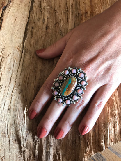 FLORA de SANTA FE Ring~Sterling Silver~ Royston Ribbon Turquoise and Pink Opal~ Artisan Handmade~ Size 8