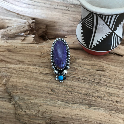 Charoite and Sleeping Beauty Turquoise Ring~Sterling Silver~ Artisan Handmade~ Size 7 1/2