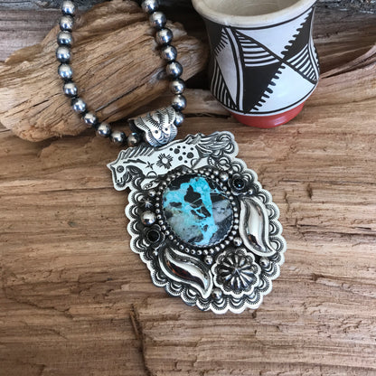 SPIRIT PONY Repousse pendant with Blue Moon Turquoise~ Sterling Silver~ Huge pendant~ Artisan Handmade