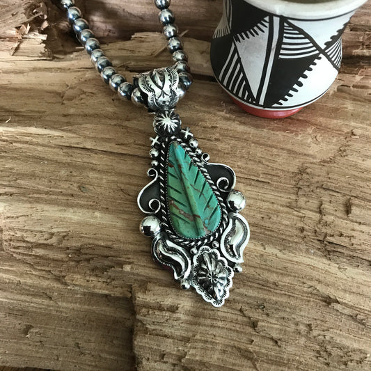 Carved Turquoise Feather Pendant~ Sterling Silver~ Artisan Handmade