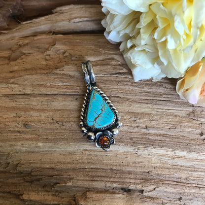 Kings Manassa Turquoise Pendant with an Amber Wildflower~ Sterling Silver~ Artisan Handmade