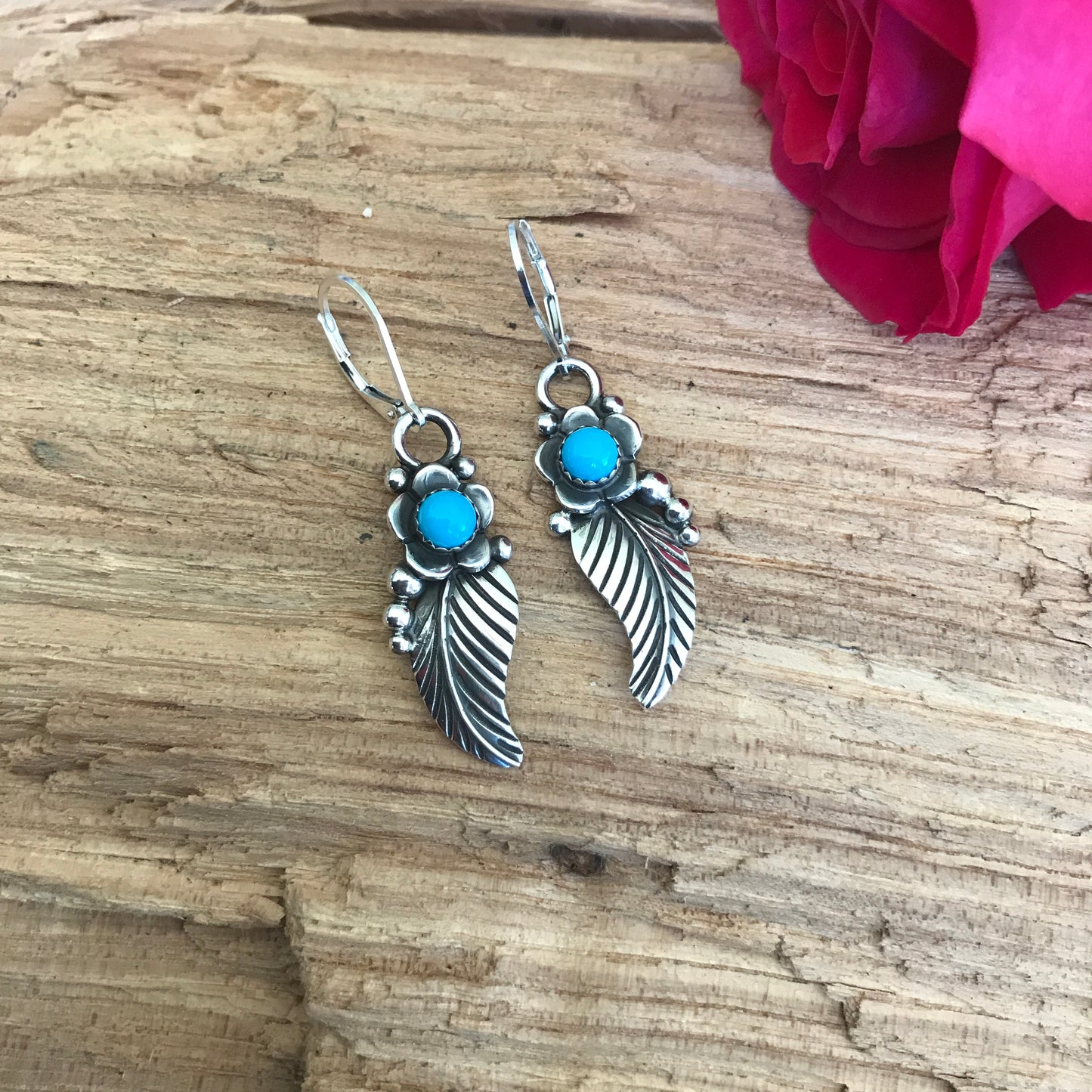 Sleeping Beauty leaf earrings~ Sterling Silver~ dangle Earrings~ Artisan Handmade