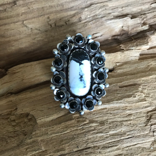 FLORA de SANTA FE ~White Buffalo Flora  de Santa Fe Ring with Black Onyx Wildflowers ~ Sterling Silver~size8 ~ 1203