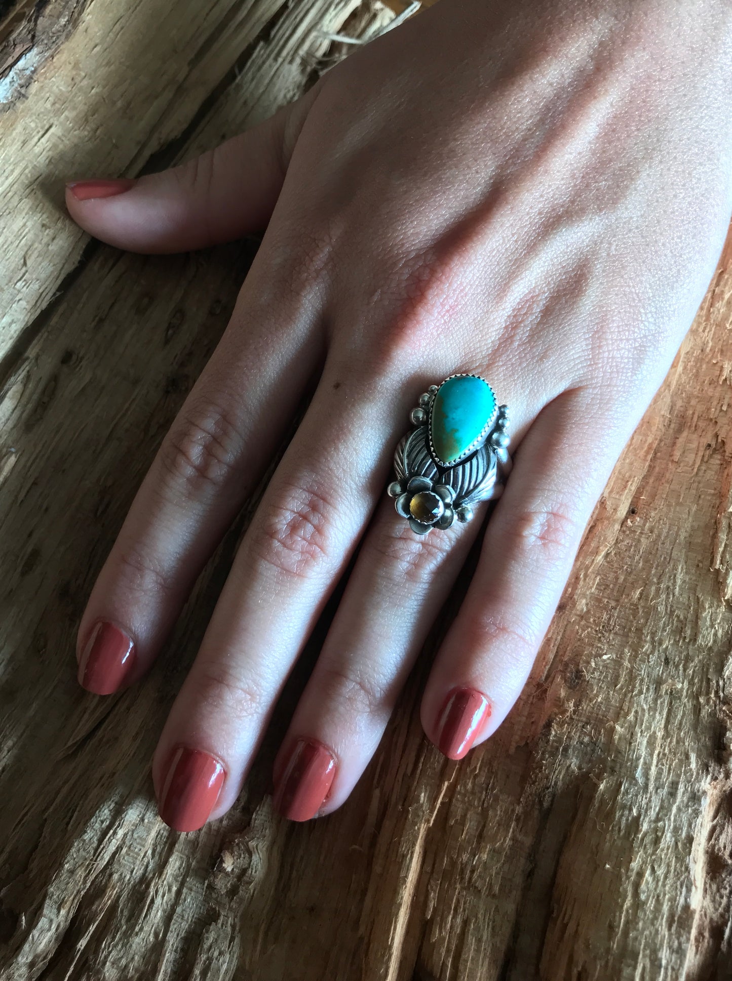 Royston Turquoise Ring with a Citrine Wildflower~ Sterling Silver~ Artisan Handmade~ Size 6 1/2