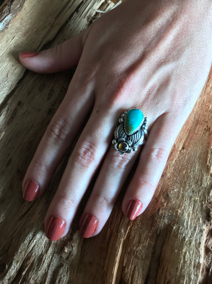 Royston Turquoise Ring with a Citrine Wildflower~ Sterling Silver~ Artisan Handmade~ Size 6 1/2