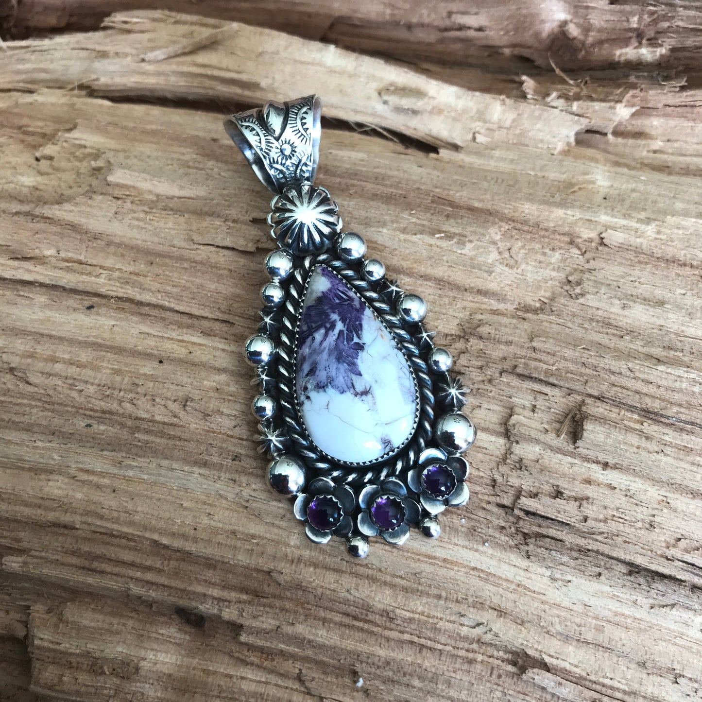 Tiffany Stone and Amethyst large pendant~ Sterling Silver~ Artisan Handmade