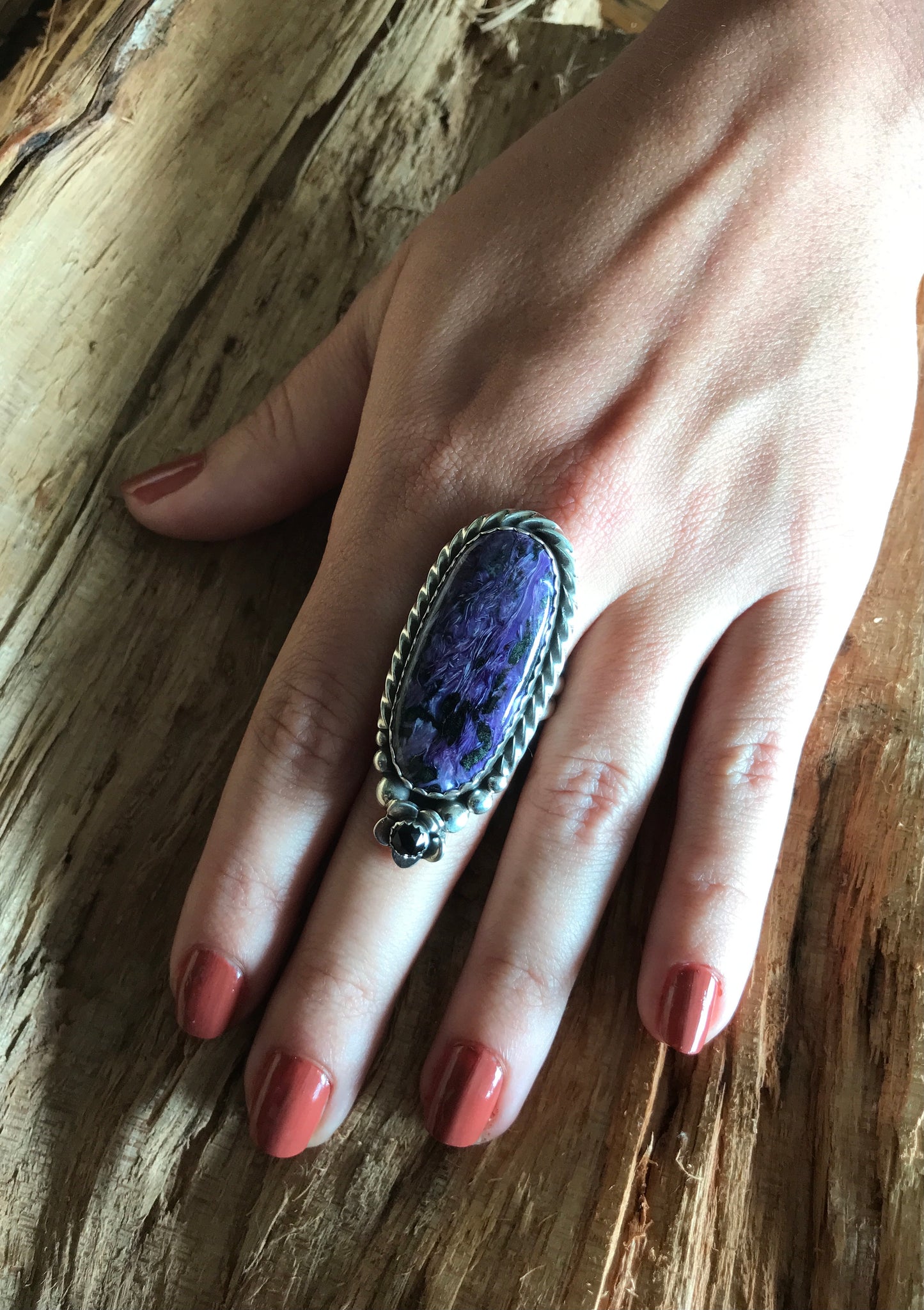 Charoite and Black Onyx Ring~Sterling Silver~ Artisan Handmade~ Size 8 1/2