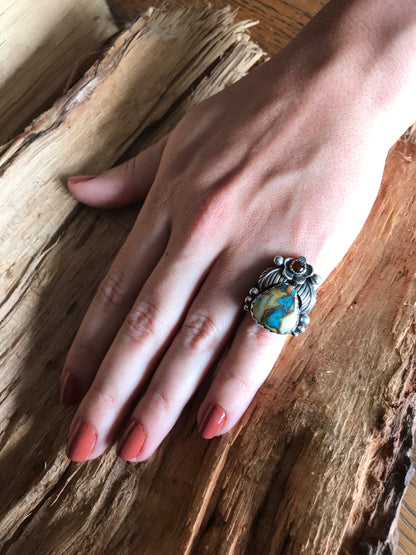 Royston Ribbon Turquoise Ring with an Amber Wildflower~ Sterling Silver~ Artisan Handmade~ Size 5 1/2