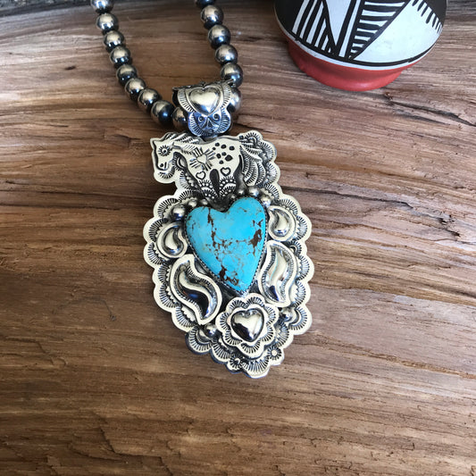 SPIRIT PONY Repousse pendant with #8 Turquoise~ Sterling Silver~ Large pendant~ Artisan Handmade